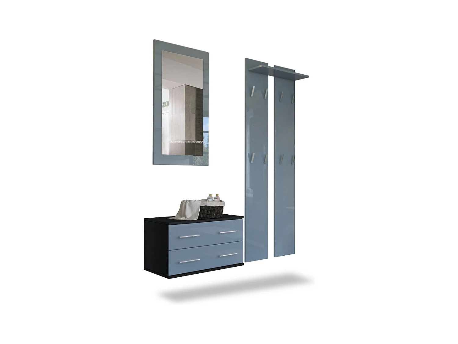 Conjunto de armario Kioto, Carcasa en negro mate / Frente en gris alto brillo