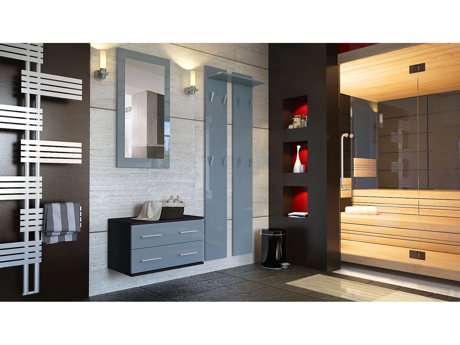 Ensemble de meubles d'entrée Kioto, Corps en Noir mat / Façades en Grey haute brillance