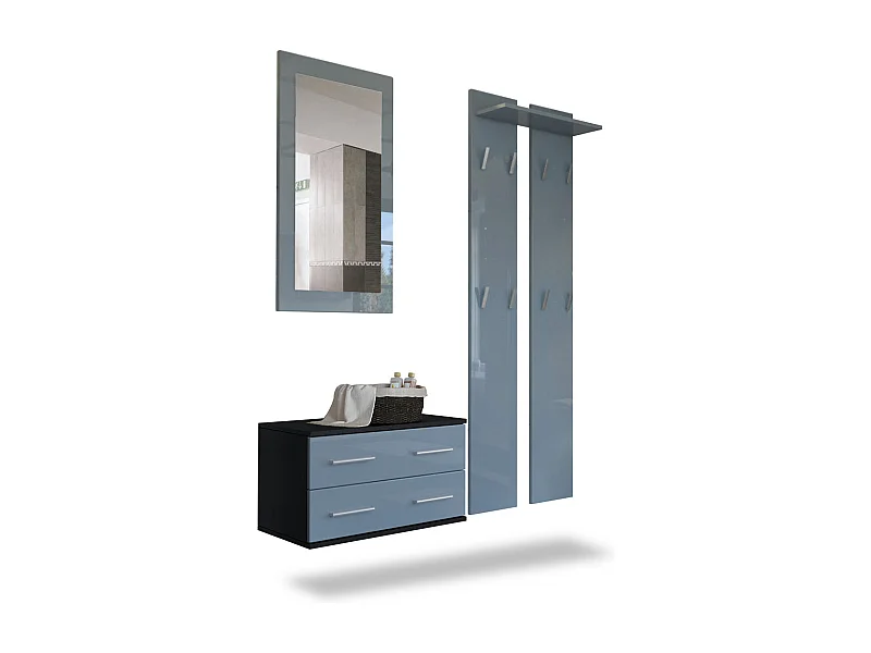 Ensemble de meubles d'entrée Kioto, Corps en Noir mat / Façades en Grey haute brillance