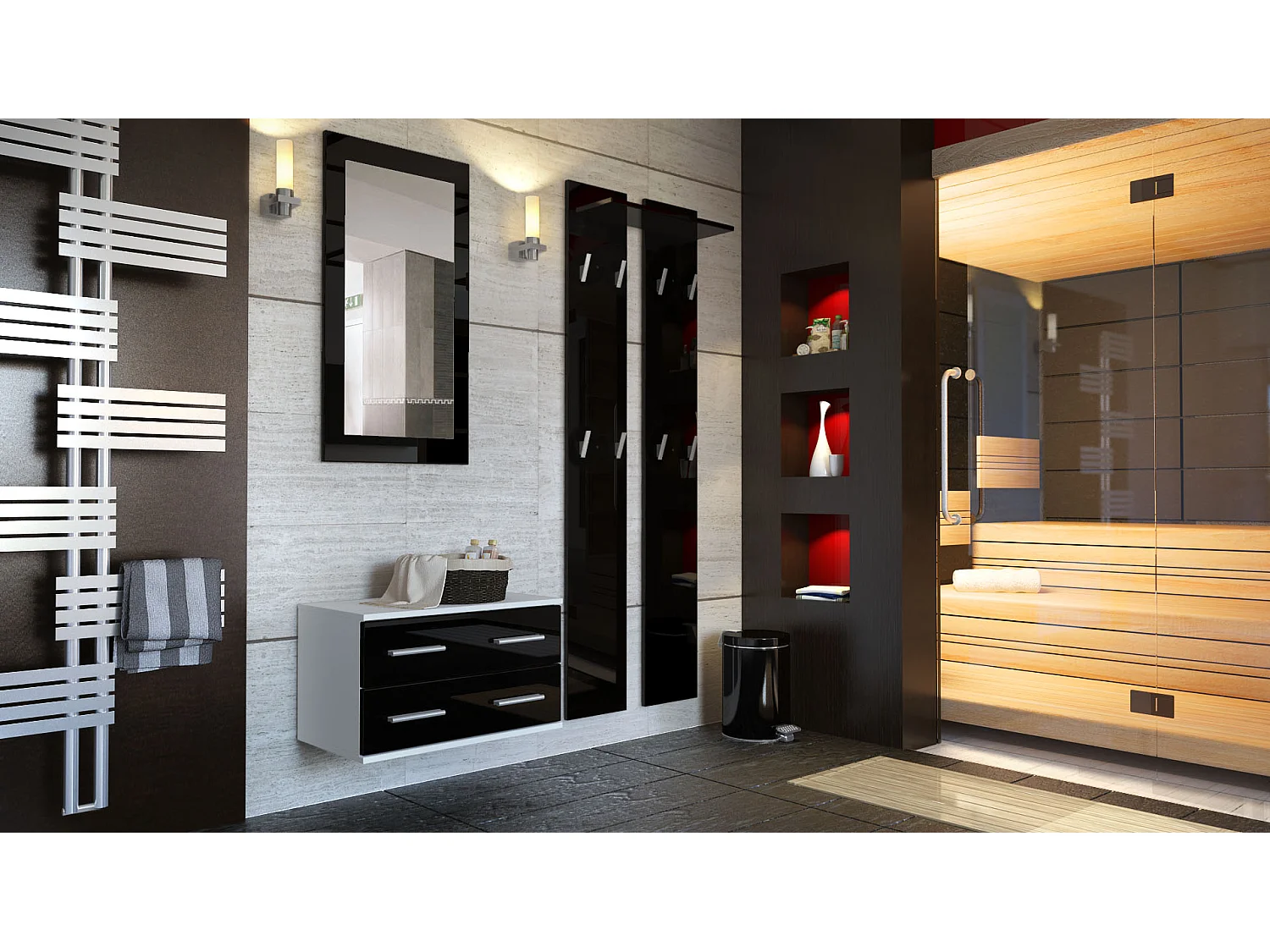 Ensemble de meubles d'entrée Kioto, Corps en Blanc mat / Façades en Noir haute brillance