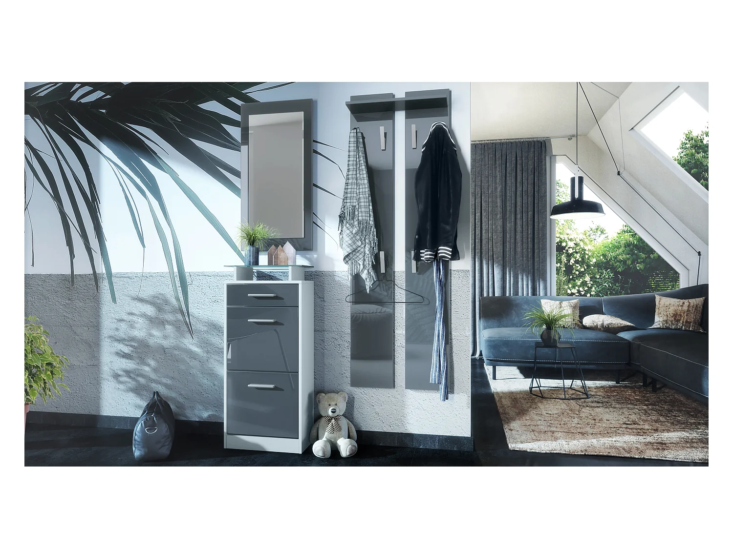 Ensemble de meubles d'entrée Loret V2 Mini, Corps en Blanc mat / Façades en Gris haute brillance