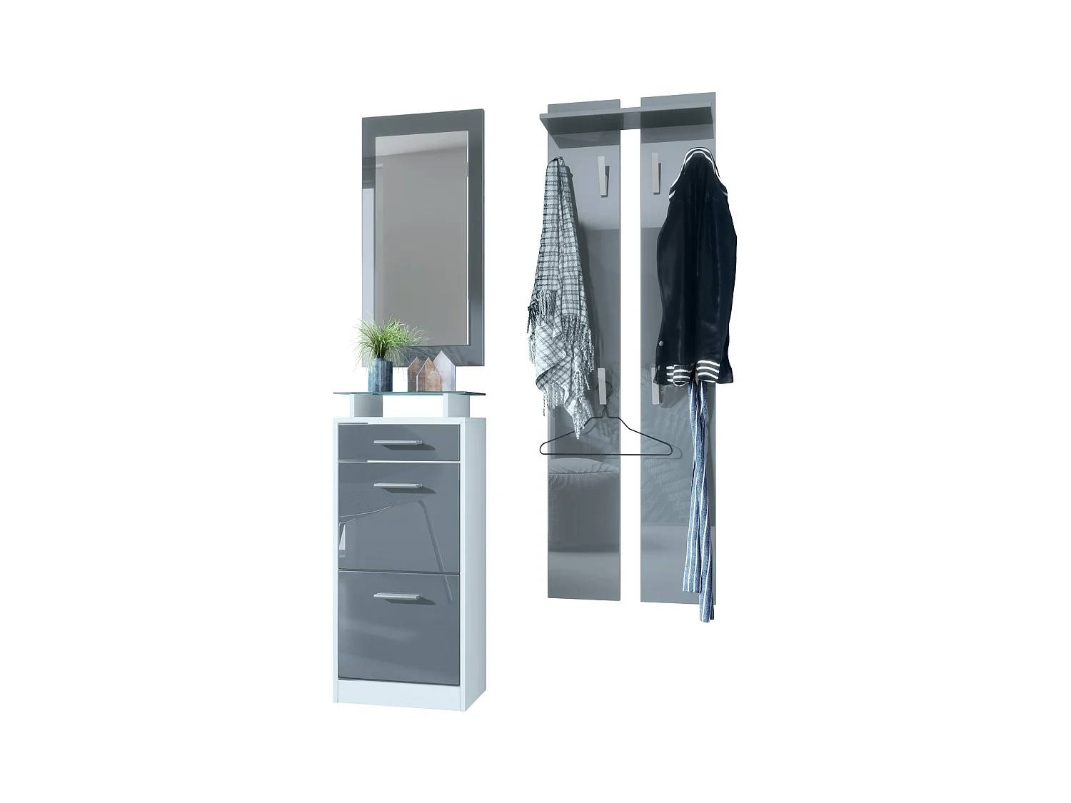 Ensemble de meubles d'entrée Loret V2 Mini, Corps en Blanc mat / Façades en Gris haute brillance