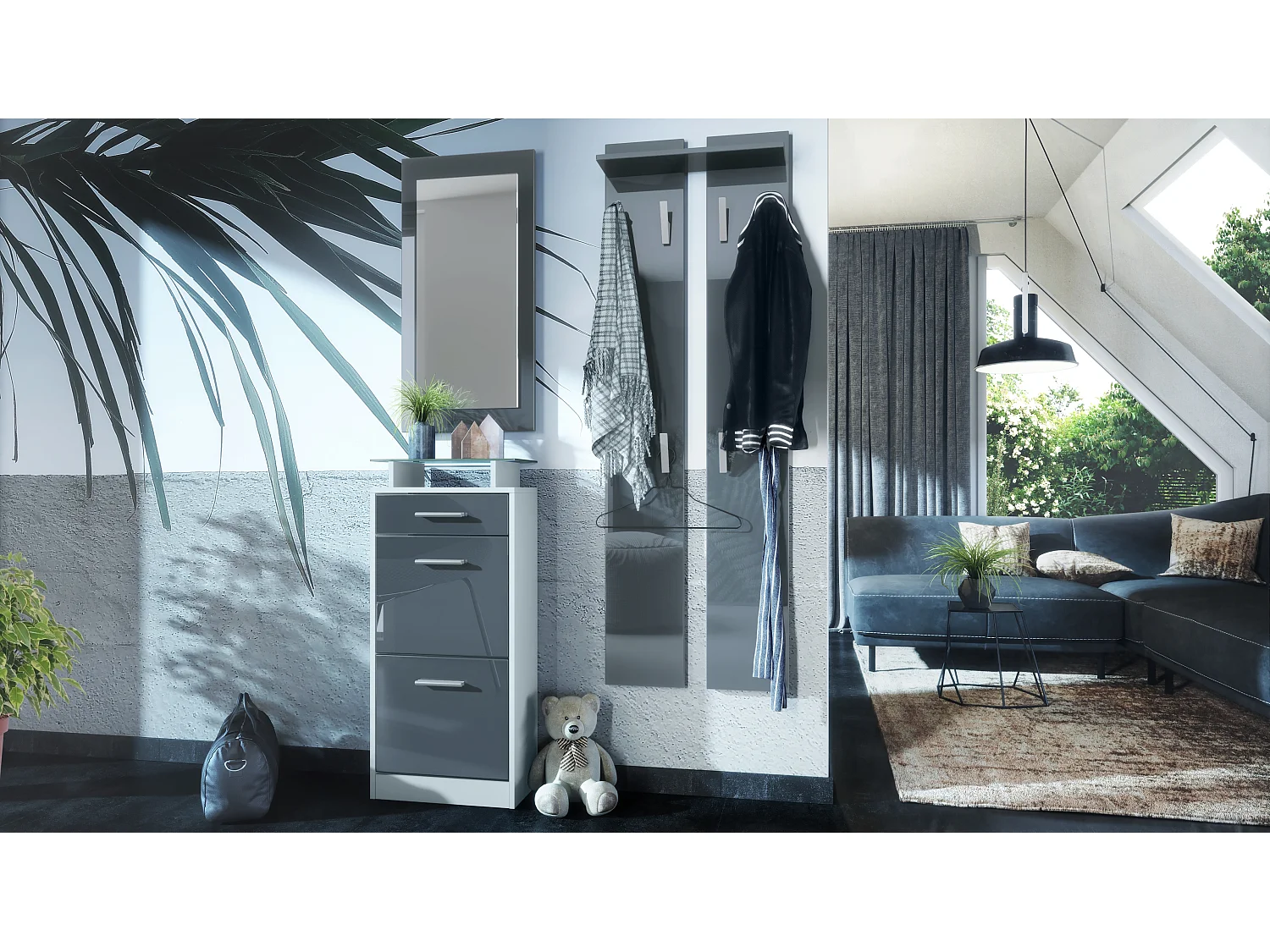 Ensemble de meubles d'entrée Loret V2 Mini, Corps en Blanc mat / Façades en Gris haute brillance