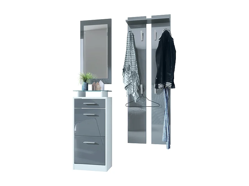 Ensemble de meubles d'entrée Loret V2 Mini, Corps en Blanc mat / Façades en Gris haute brillance