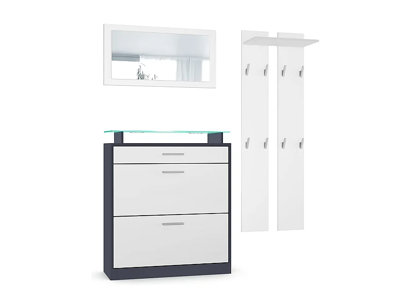 Loret Mini Hallway Set, Set da corridoio con 1 scarpiera, 1 specchio a parete e 2 pannelli appendiabiti, antracite/bianco opaco (89 x 104 x 23 cm)