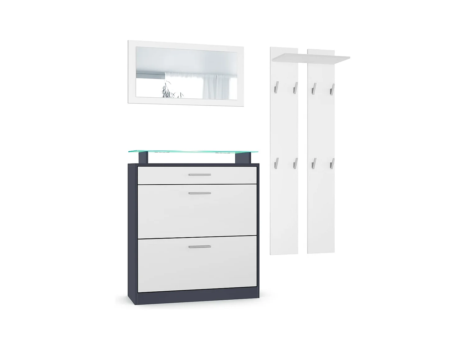 Loret Mini Hallway Set, Set da corridoio con 1 scarpiera, 1 specchio a parete e 2 pannelli appendiabiti, antracite/bianco opaco (89 x 104 x 23 cm)