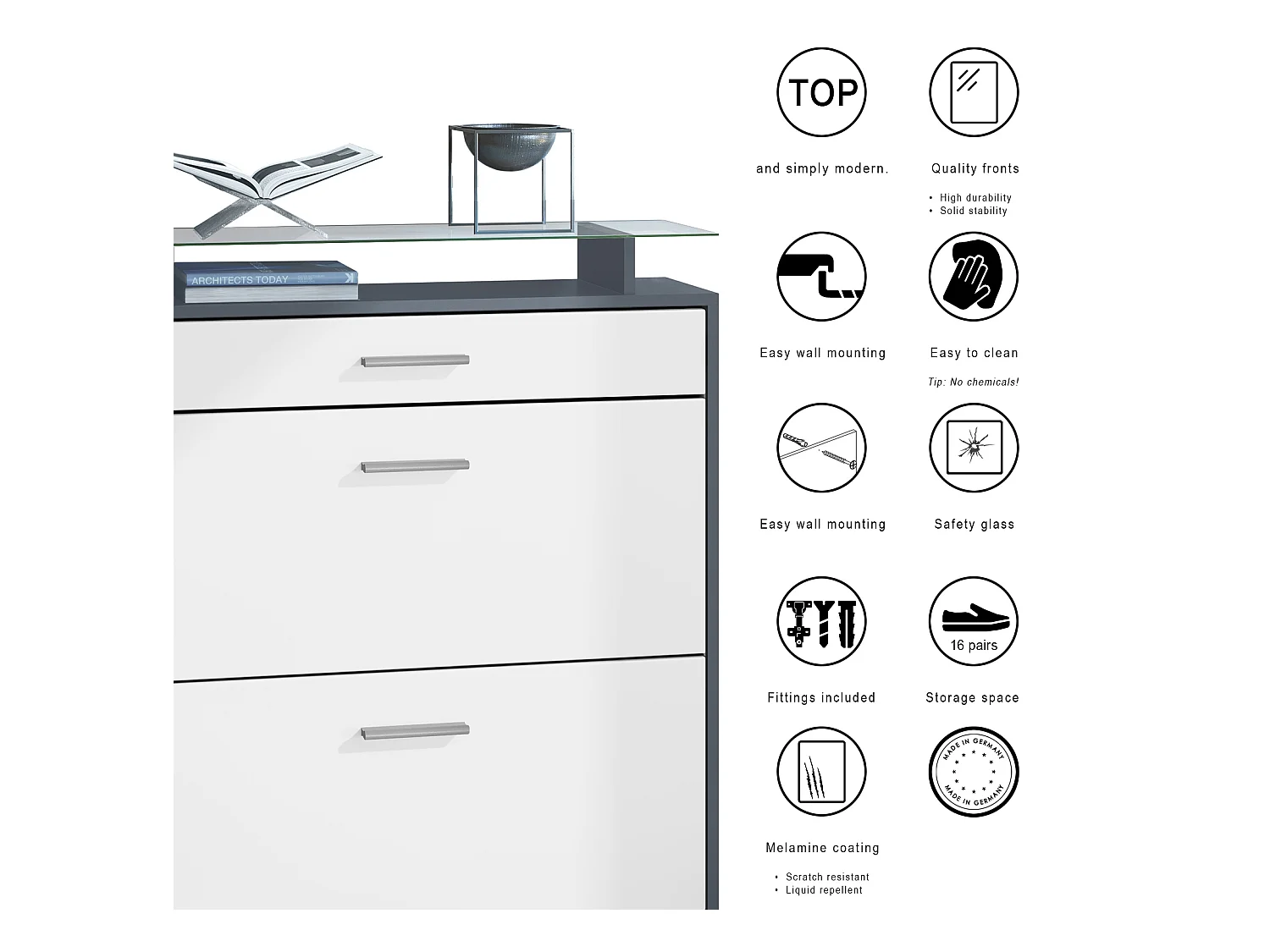 Loret Mini Hallway Set, Set da corridoio con 1 scarpiera, 1 specchio a parete e 2 pannelli appendiabiti, antracite/bianco opaco (89 x 104 x 23 cm)