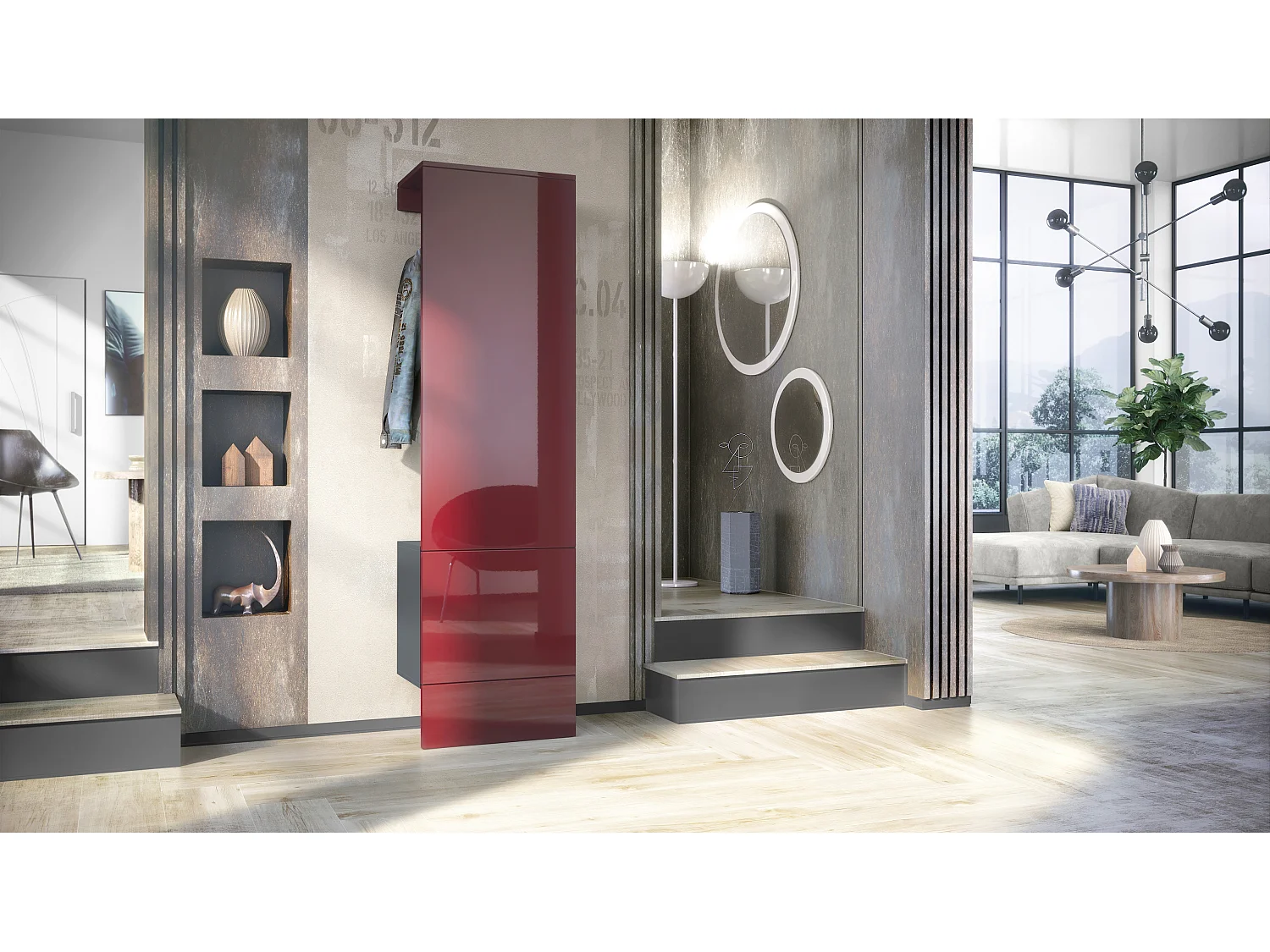 Penderie Carlton Set 5, Meuble d’entrée comprenant 1 panneau porte-manteau avec porte intégrée et 1 tringle, anthracite mat/bordeaux brillant (52x193x35 cm)