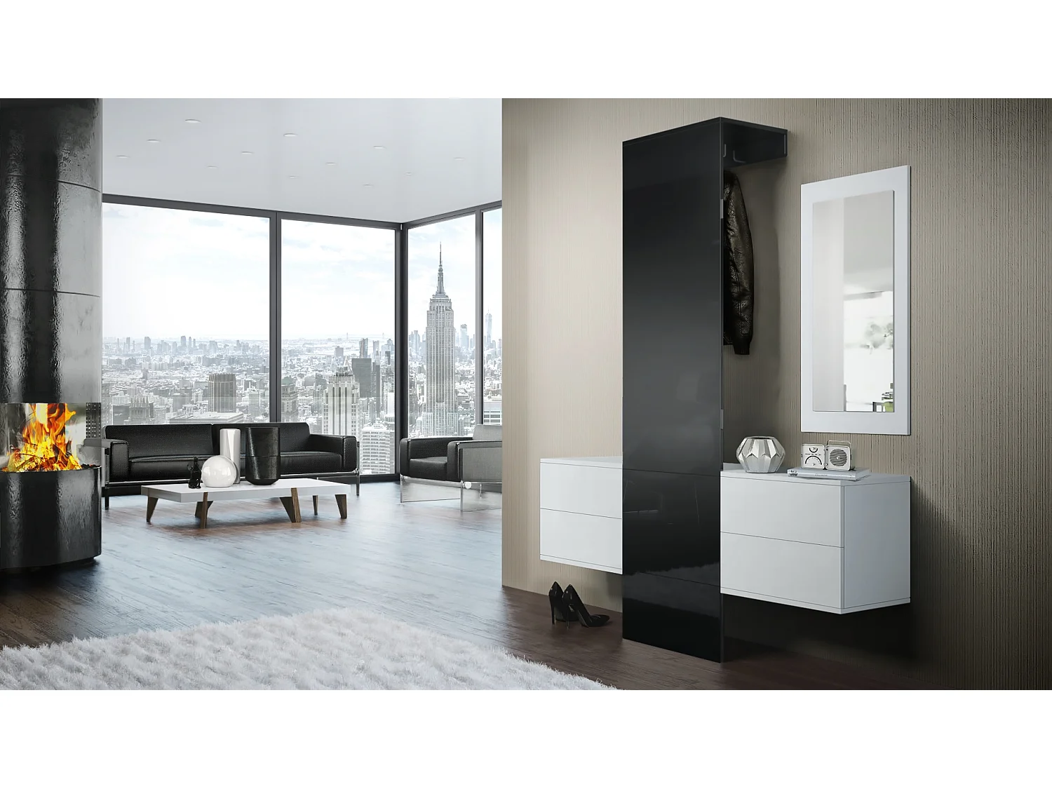 Vestiaire Garderobe Carlton Set 3, Corps en Blanc mat / Panneau portemanteau en noir haute brillance