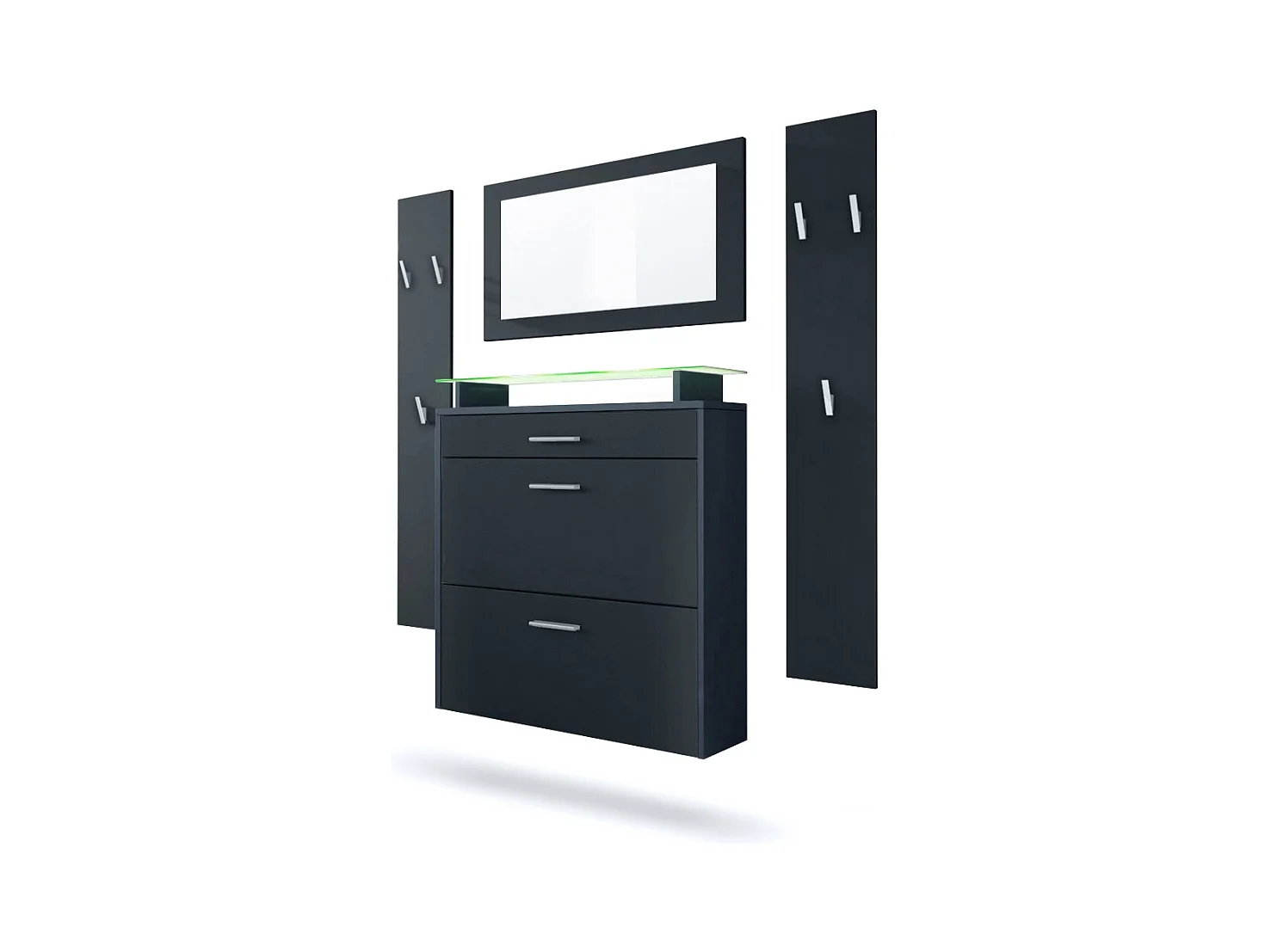 Penderie Malea, Meuble d’entrée comprenant 1 commode à chaussures murale, 1 miroir et 2 panneaux porte-manteaux, Anthracite mat/Noir mat, LED RVB inclus