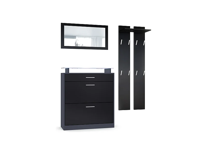 Loret Ensemble penderie, meuble à chaussures 89 x 104 x 23 cm avec miroir, 2 panneaux murales et éclairage LED Blanc, Anthracite mat & Noir mat