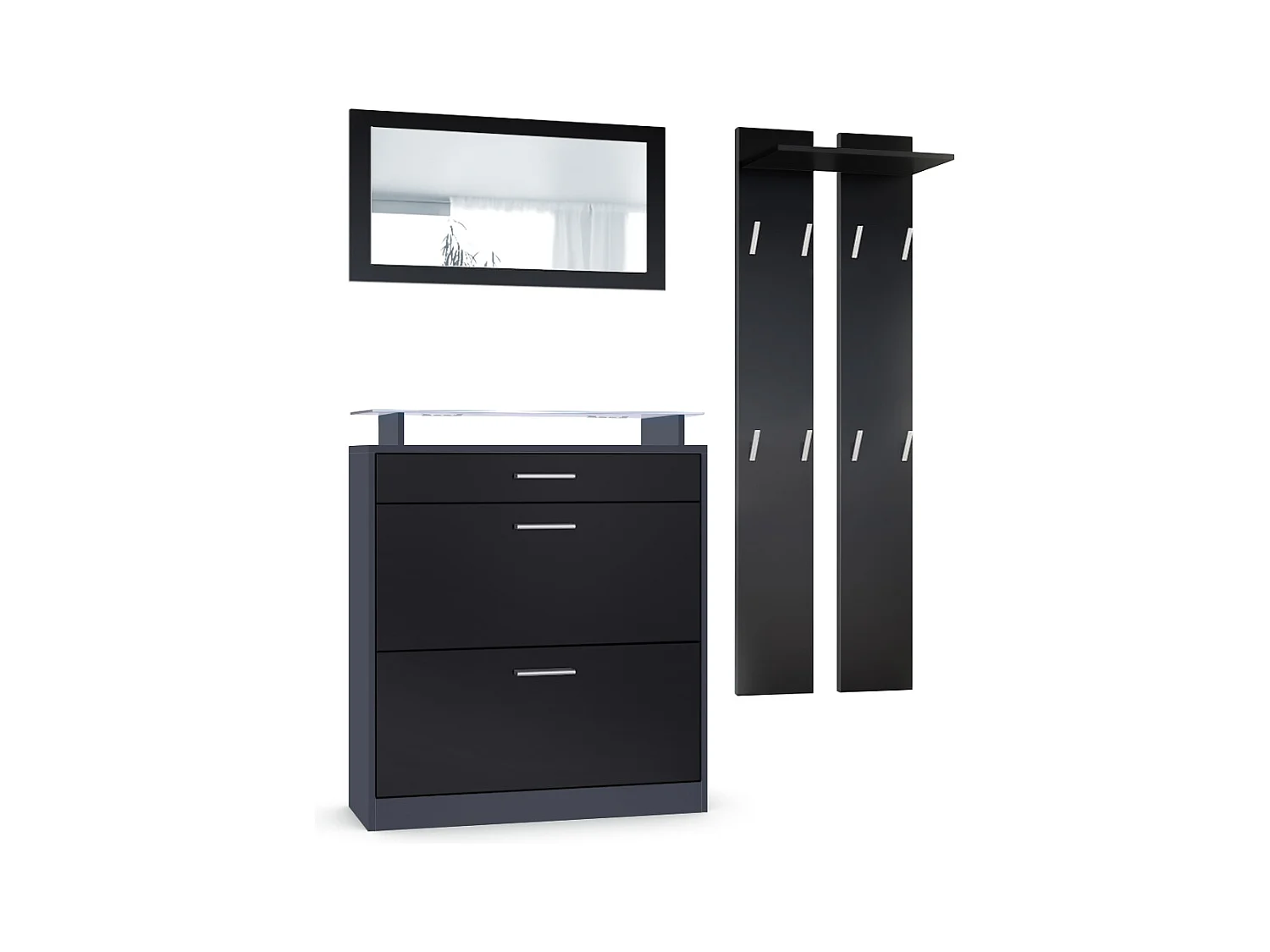 Loret Ensemble penderie, meuble à chaussures 89 x 104 x 23 cm avec miroir, 2 panneaux murales et éclairage LED Blanc, Anthracite mat & Noir mat