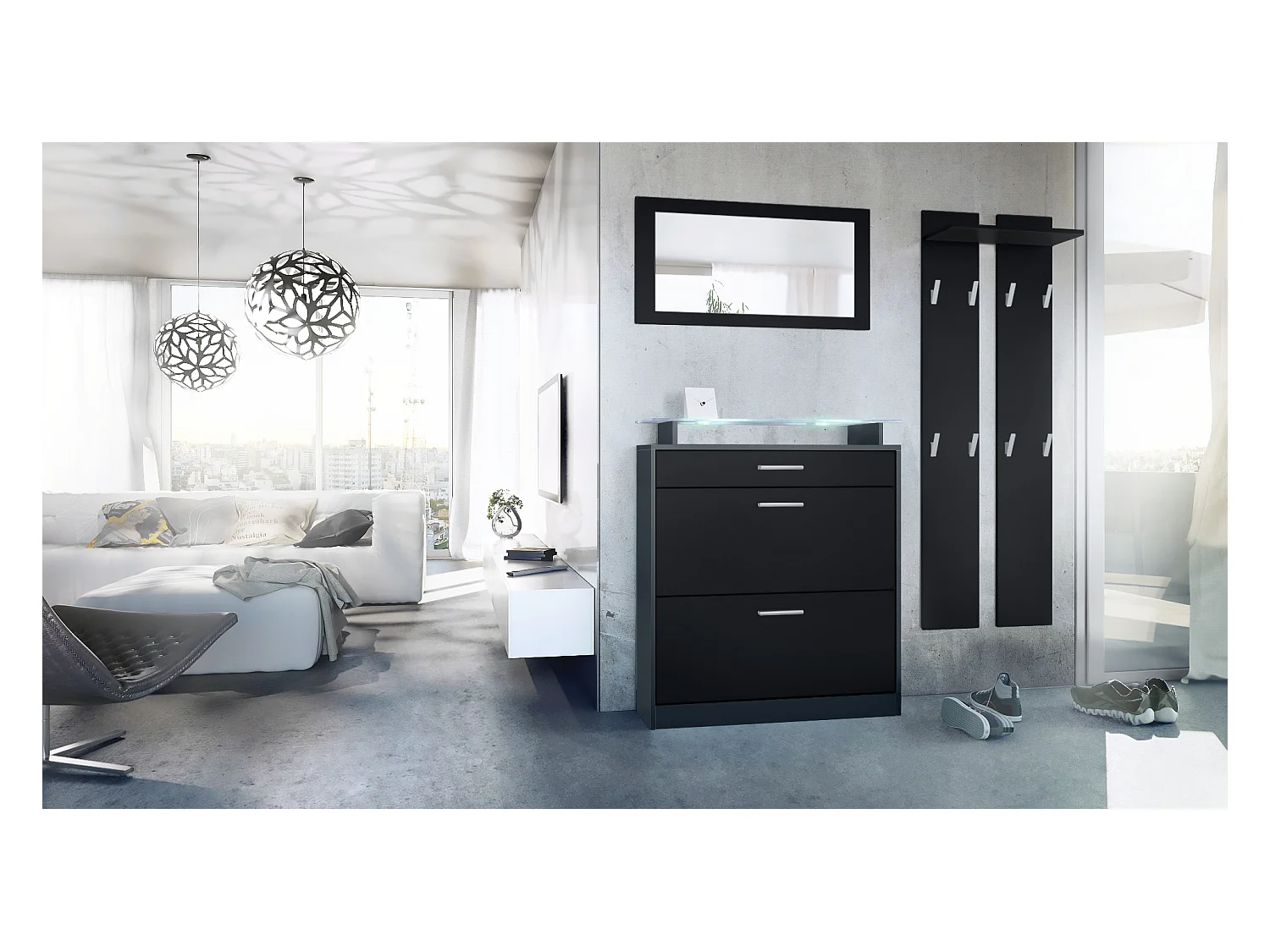 Loret Ensemble penderie, meuble à chaussures 89 x 104 x 23 cm avec miroir, 2 panneaux murales et éclairage LED Blanc, Anthracite mat & Noir mat