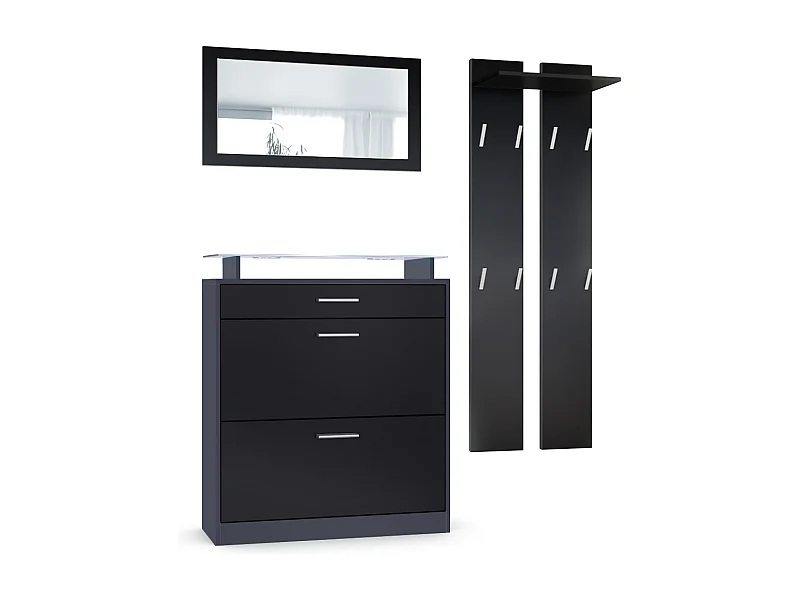 Loret Ensemble penderie, meuble à chaussures 89 x 104 x 23 cm avec miroir, 2 panneaux murales et éclairage LED Blanc, Anthracite mat & Noir mat