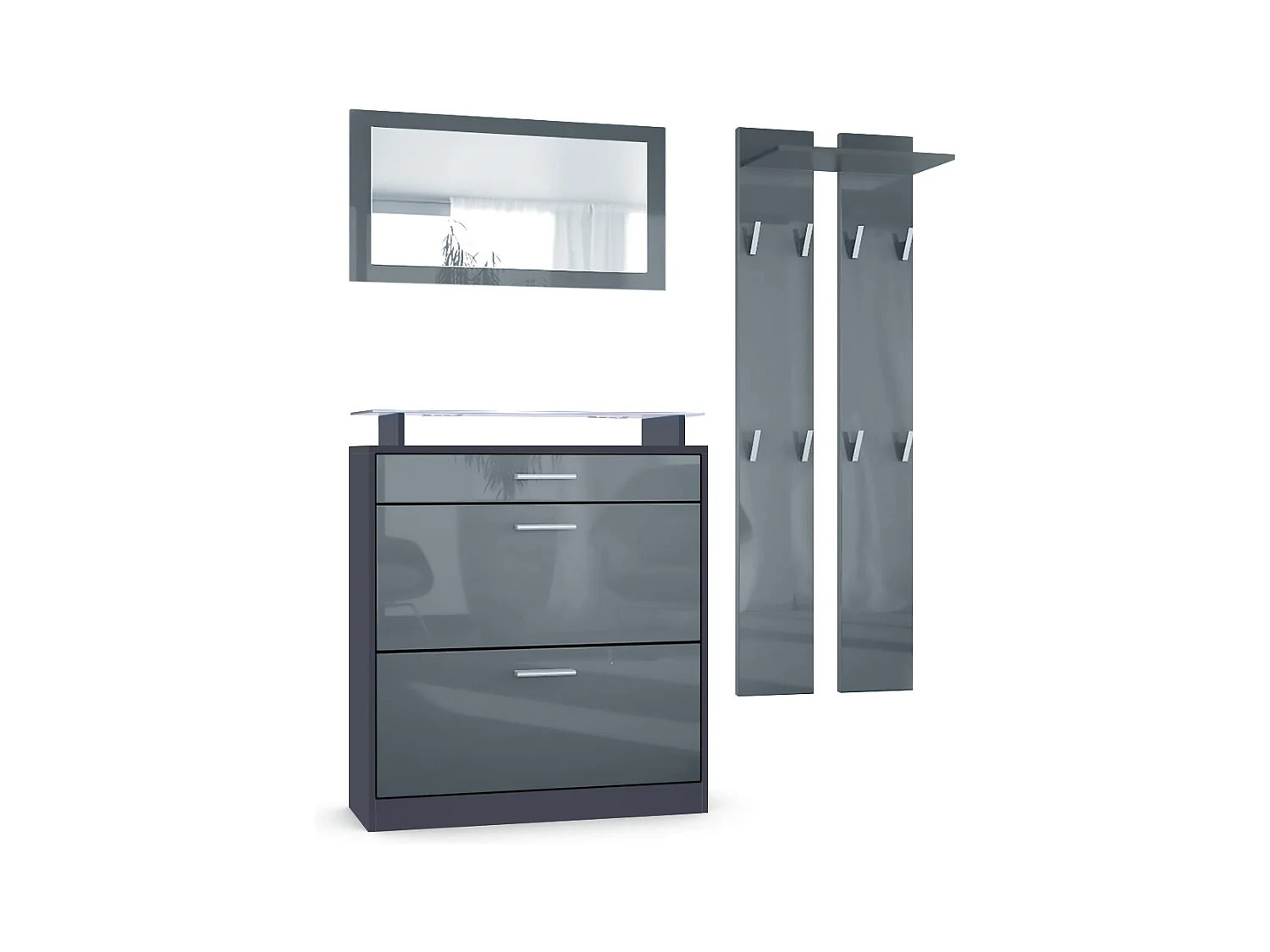 Loret Ensemble penderie, meuble à chaussures 89 x 104 x 23 cm avec miroir, 2 panneaux murales et éclairage LED Blanc, Anthracite mat & Gris haute brillance
