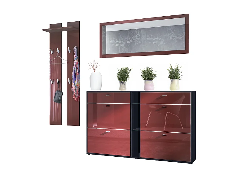 Conjunto de armario Orlando con zapatero, panel de pared y espejo de pared, negro mate/burdeos de alto brillo