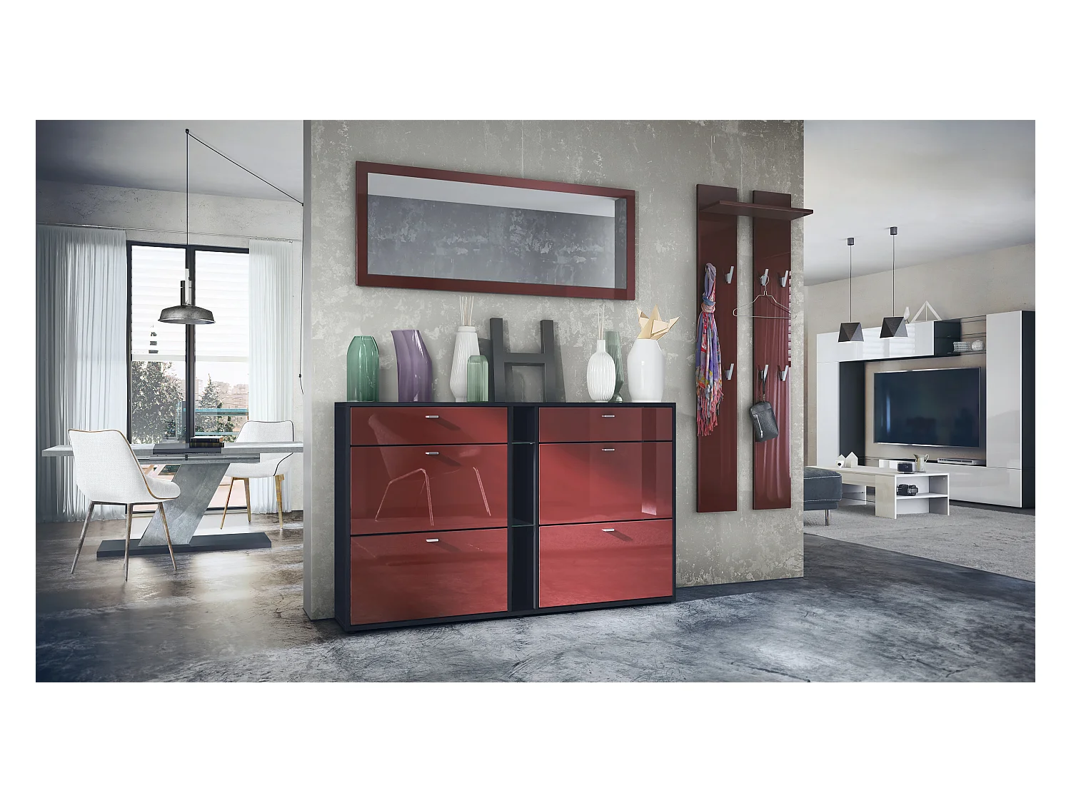 Conjunto de armario Orlando con zapatero, panel de pared y espejo de pared, negro mate/burdeos de alto brillo