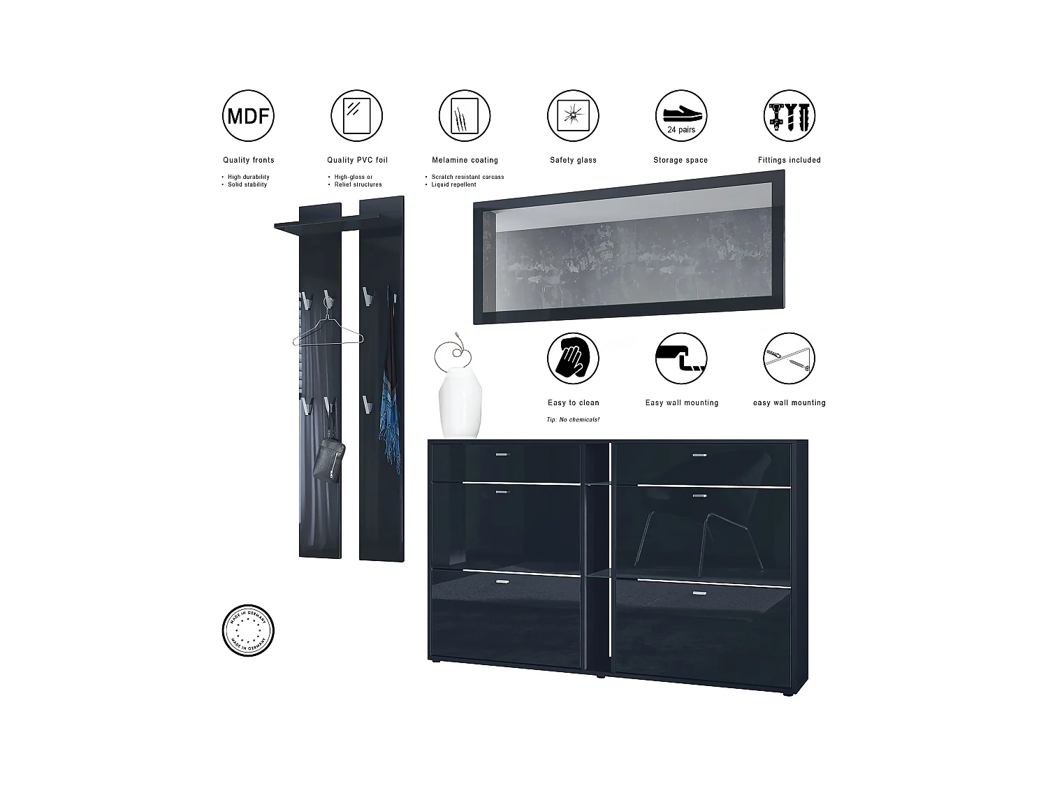 Conjunto de armario Orlando con zapatero, panel de pared y espejo de pared, negro mate/burdeos de alto brillo