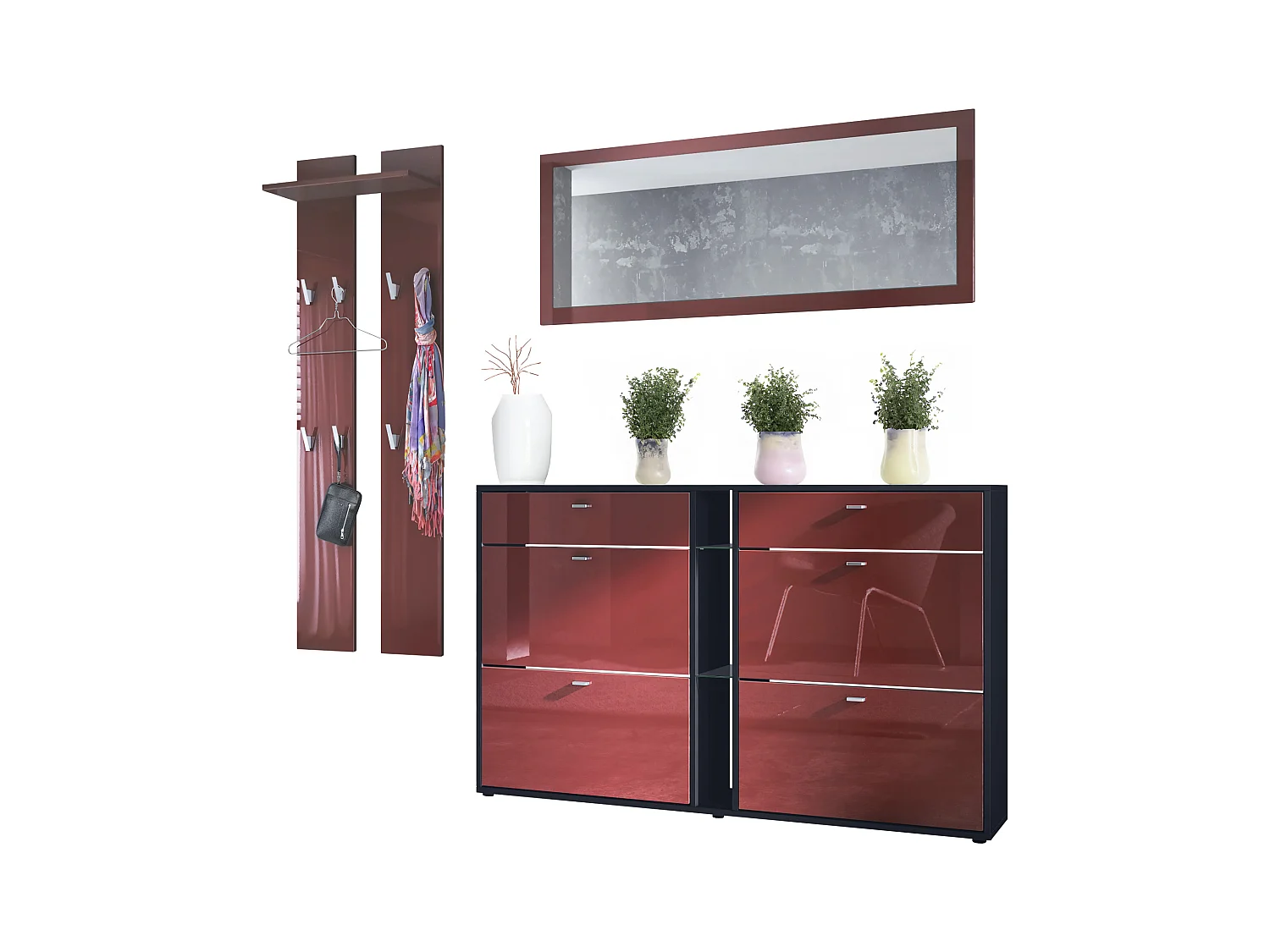 Ensemble vestiaire Orlando avec armoire à chaussures, panneau mural et miroir mural, noir mat/bordeaux haute brillance