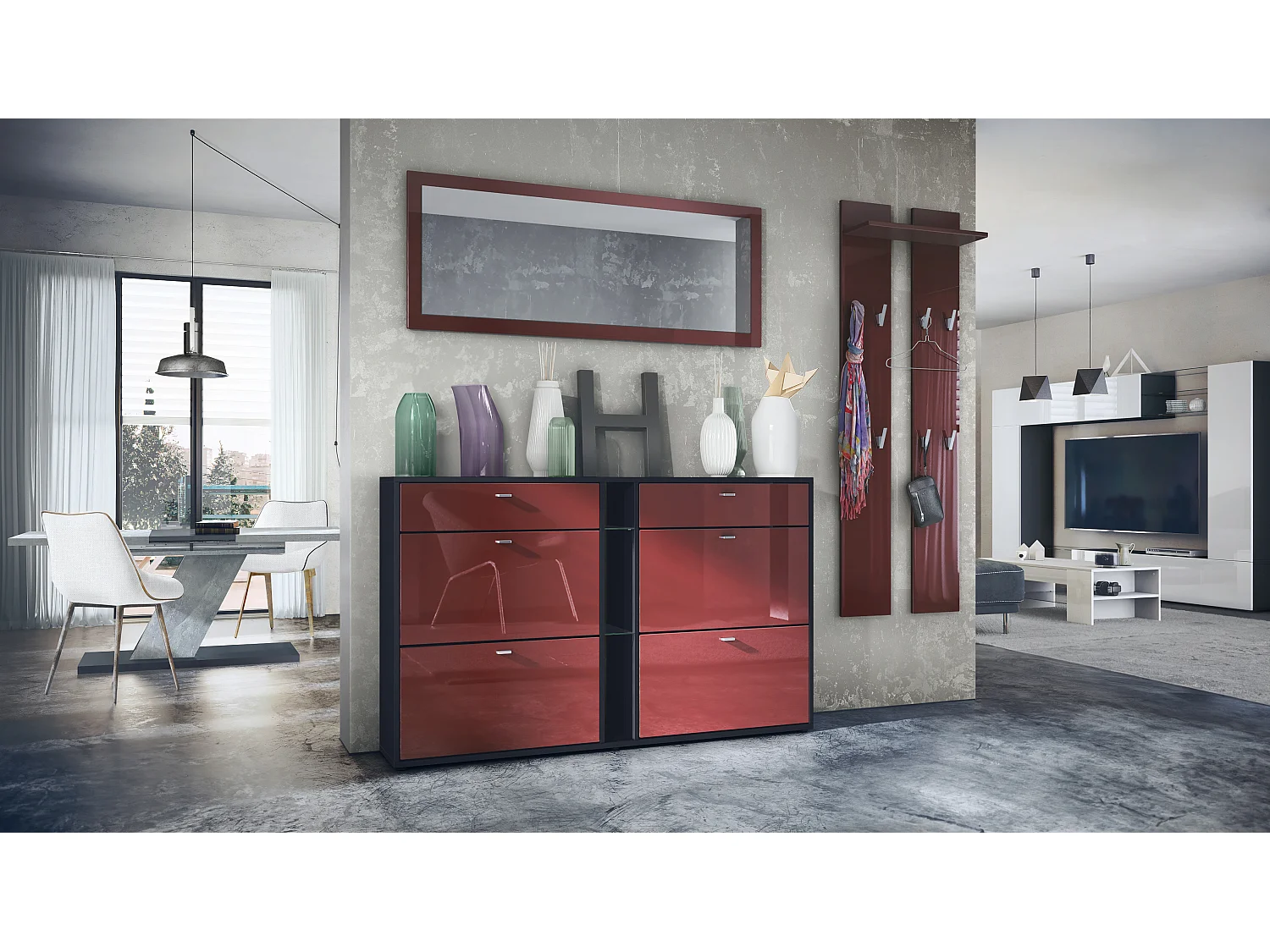 Ensemble vestiaire Orlando avec armoire à chaussures, panneau mural et miroir mural, noir mat/bordeaux haute brillance