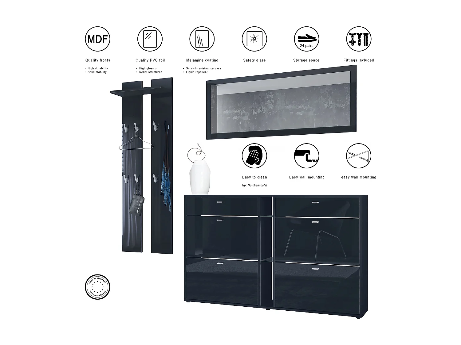 Ensemble vestiaire Orlando avec armoire à chaussures, panneau mural et miroir mural, noir mat/bordeaux haute brillance