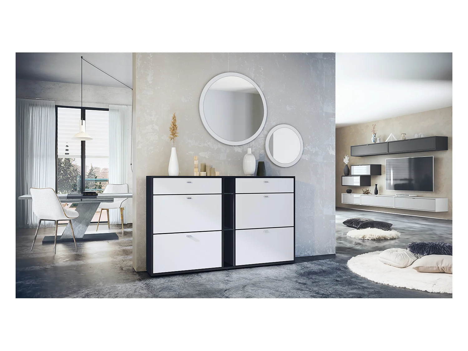 Ensemble de vestiaire Florence avec armoire à chaussures et 2 miroirs muraux, Fabriqué en ALLEMAGNE, noir mat/blanc mat