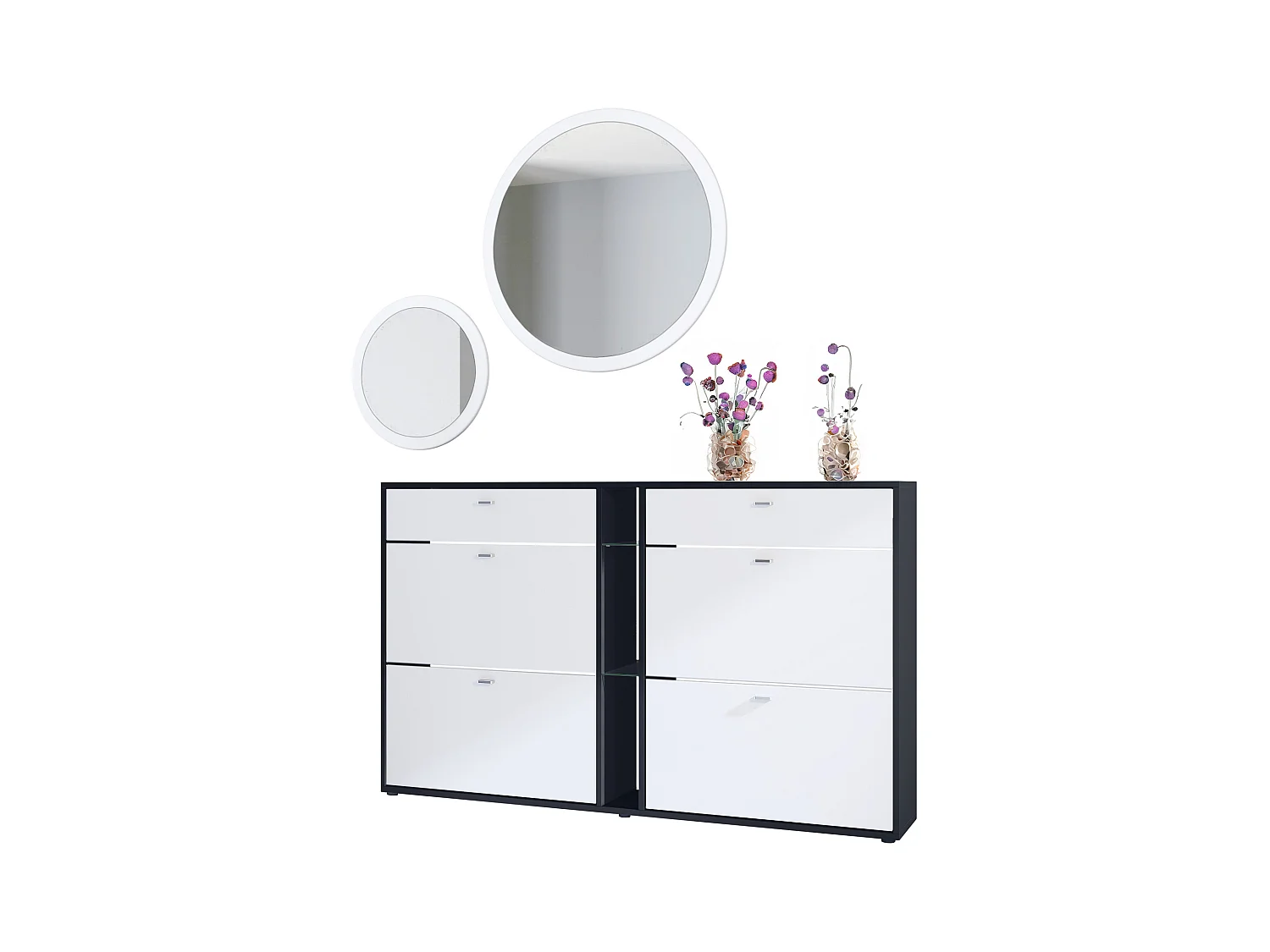 Ensemble de vestiaire Florence avec armoire à chaussures et 2 miroirs muraux, Fabriqué en ALLEMAGNE, noir mat/blanc mat