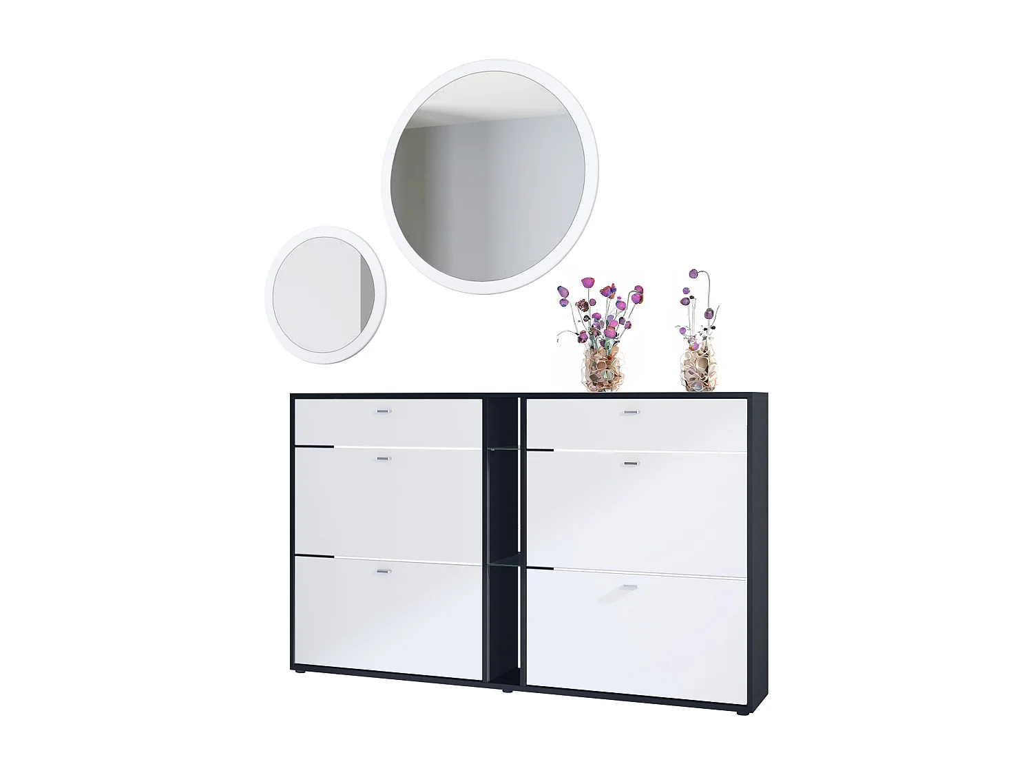 Ensemble de vestiaire Florence avec armoire à chaussures et 2 miroirs muraux, Fabriqué en ALLEMAGNE, noir mat/blanc mat