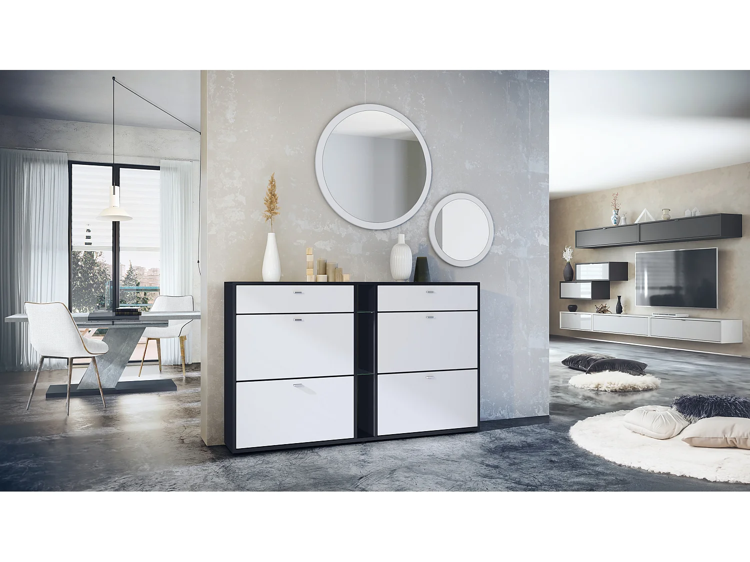 Ensemble de vestiaire Florence avec armoire à chaussures et 2 miroirs muraux, Fabriqué en ALLEMAGNE, noir mat/blanc mat