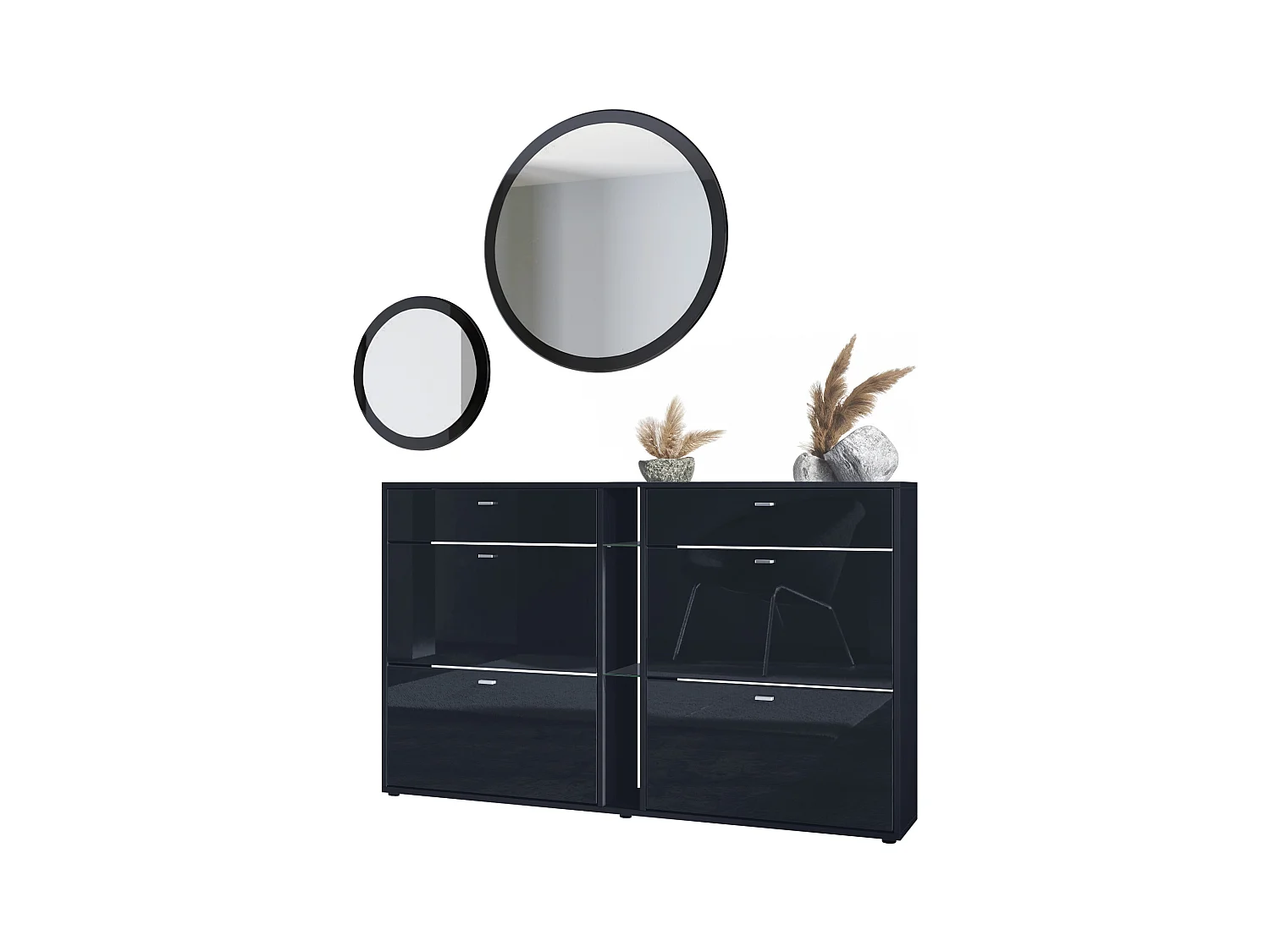 Ensemble de vestiaire Florence avec armoire à chaussures et 2 miroirs muraux, Fabriqué en ALLEMAGNE, noir mat/noir haute brillance