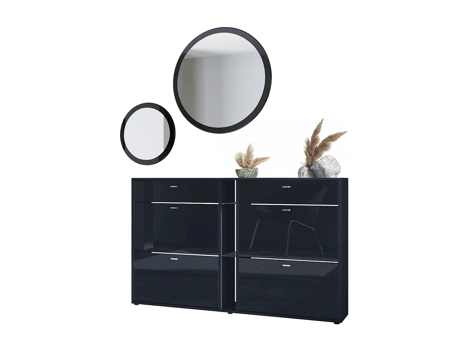 Ensemble de vestiaire Florence avec armoire à chaussures et 2 miroirs muraux, Fabriqué en ALLEMAGNE, noir mat/noir haute brillance
