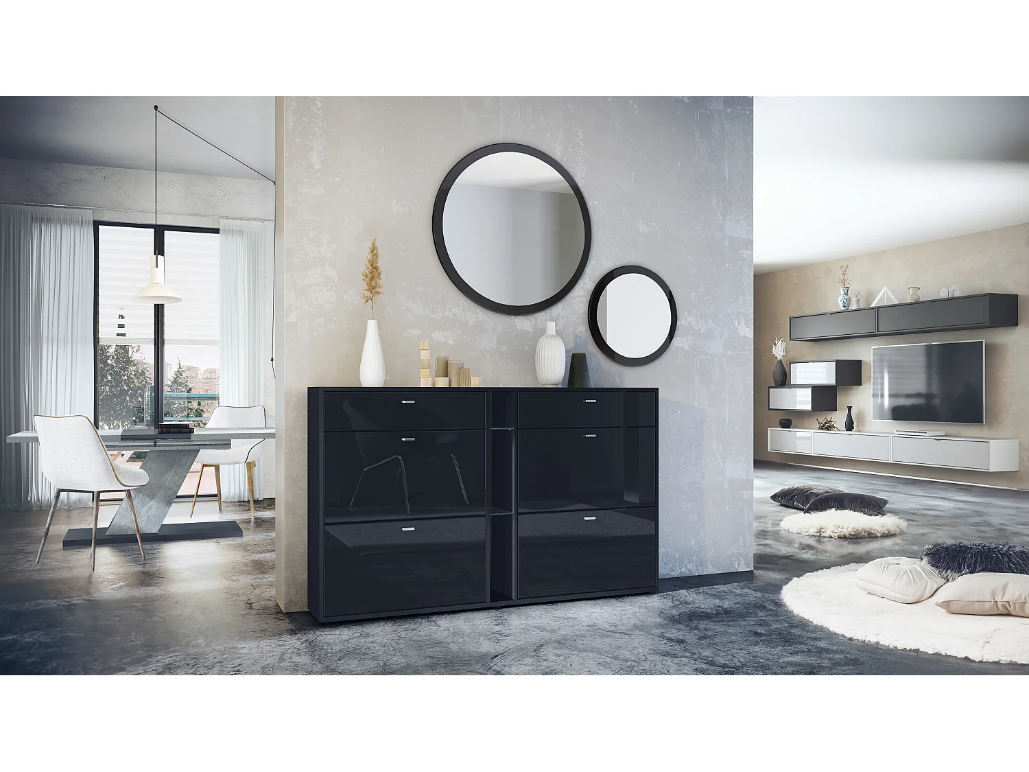 Ensemble de vestiaire Florence avec armoire à chaussures et 2 miroirs muraux, Fabriqué en ALLEMAGNE, noir mat/noir haute brillance