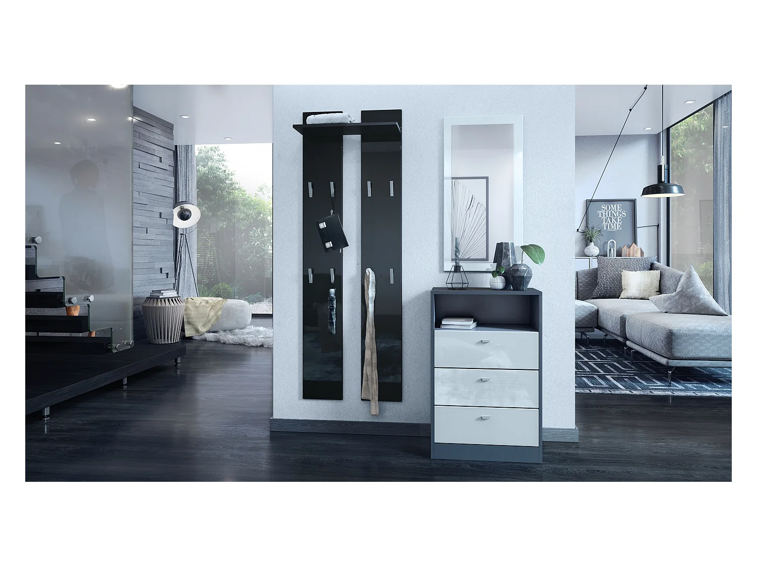 Panneau mural 170, Meuble porte-manteau composé de 2 panneaux et 1 étagère, noir haute brillance (57 x 170 x 20 cm)