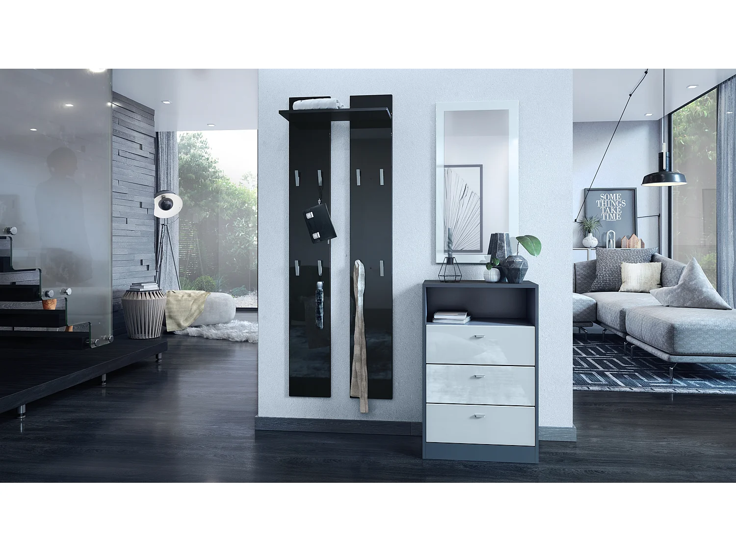 Panneau mural 170, Meuble porte-manteau composé de 2 panneaux et 1 étagère, noir haute brillance (57 x 170 x 20 cm)