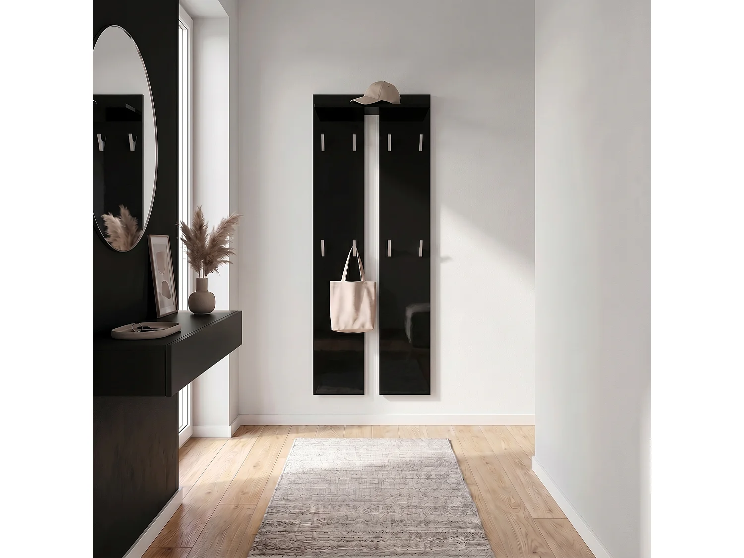 Pannello da parete 170, Pannello appendiabiti con 2 pannelli e 1 ripiano, nero lucido (57 x 170 x 20 cm)