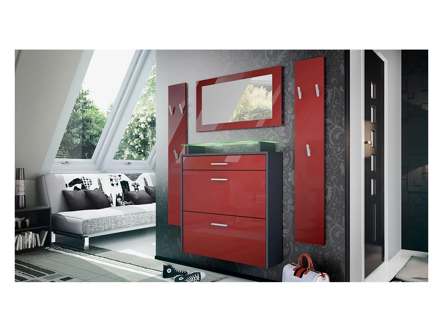 Penderie Malea, Meuble d’entrée comprenant 1 commode à chaussures, 1 miroir et 2 panneaux porte-manteaux, Anthracite mat/Bordeaux brillant, LED RVB inclus