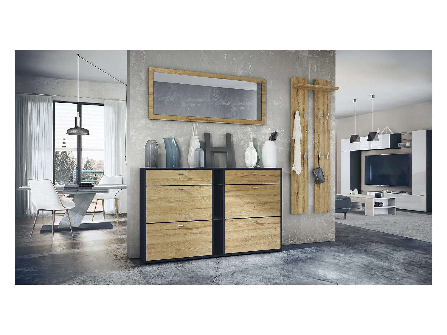 Ensemble vestiaire Orlando avec armoire à chaussures, panneau mural et miroir mural, noir mat/chêne nature