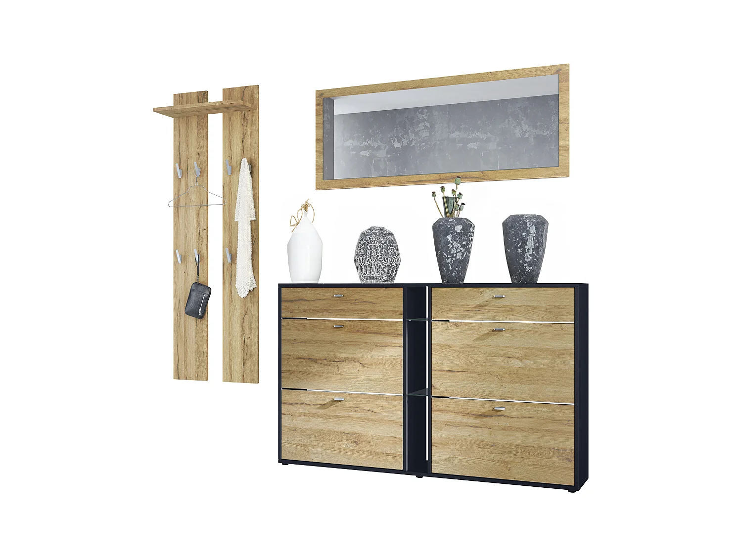 Ensemble vestiaire Orlando avec armoire à chaussures, panneau mural et miroir mural, noir mat/chêne nature
