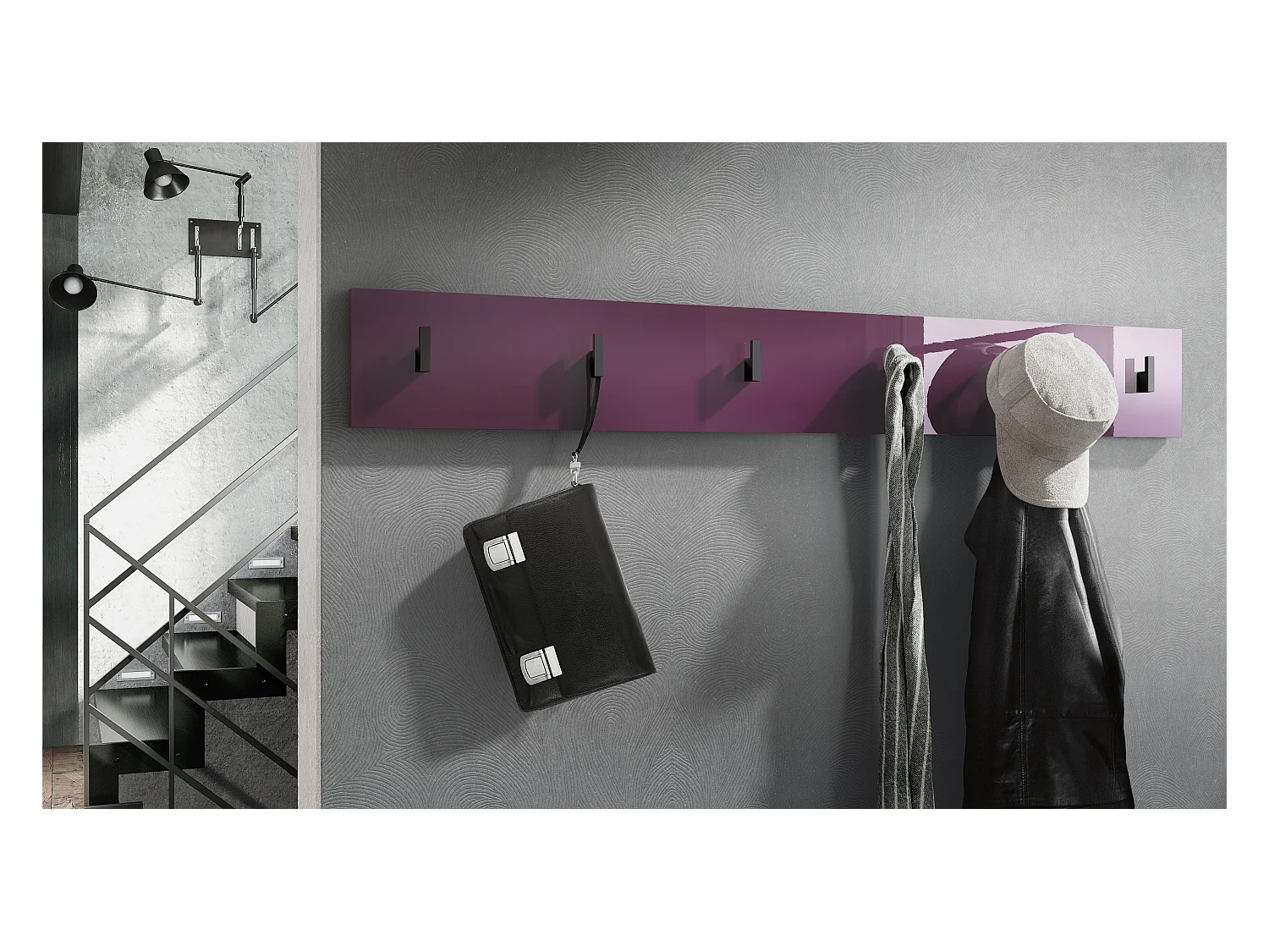 Wandgarderobe Garderobenleiste Garderobenpaneel Linea in Brombeer Hochglanz