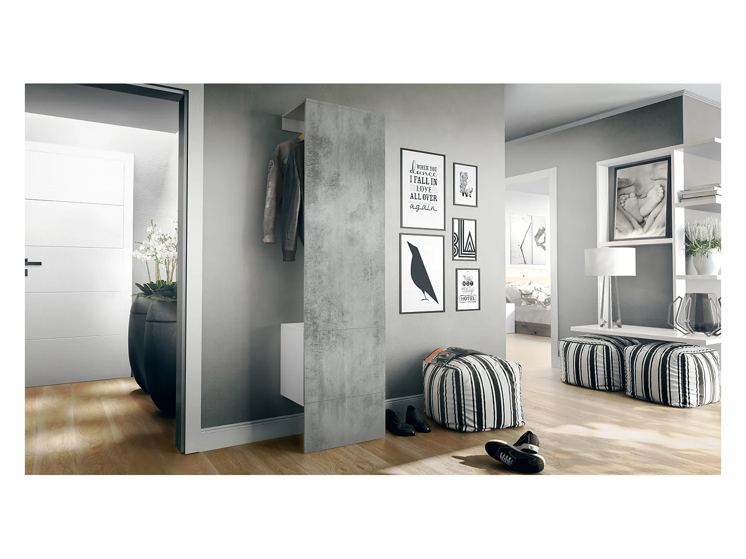 Ensemble d'entrée  Hollywood, comprenant 1 panneau de vestiaire mural, 1 tringle à vêtements et 1 ensemble de panneaux muraux, blanc mat/aspect béton oxyde