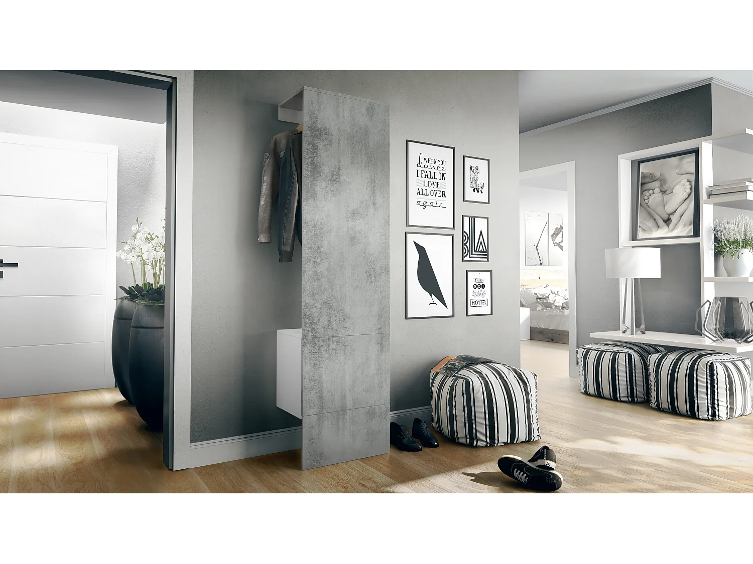 Ensemble d'entrée  Hollywood, comprenant 1 panneau de vestiaire mural, 1 tringle à vêtements et 1 ensemble de panneaux muraux, blanc mat/aspect béton oxyde