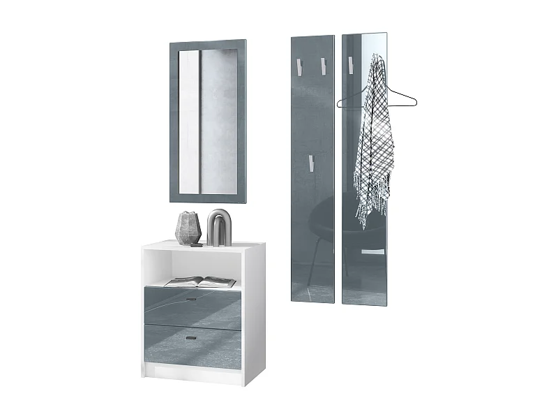 Ensemble de vestiaires Pino V1, 2 Panneaux muraux 140 cm et buffet avec 2 tiroirs & 1 compartiment ouvert, blanc mat/gris haute brillance (56 x 67,5 x 36 cm)