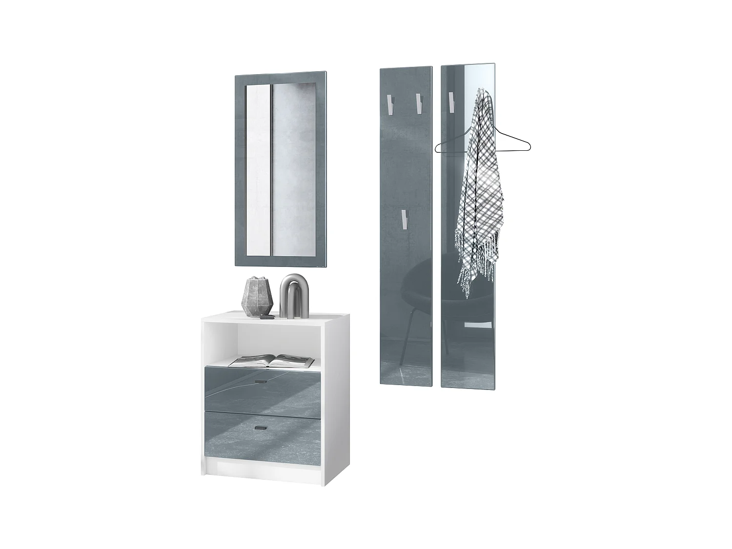 Ensemble de vestiaires Pino V1, 2 Panneaux muraux 140 cm et buffet avec 2 tiroirs & 1 compartiment ouvert, blanc mat/gris haute brillance (56 x 67,5 x 36 cm)