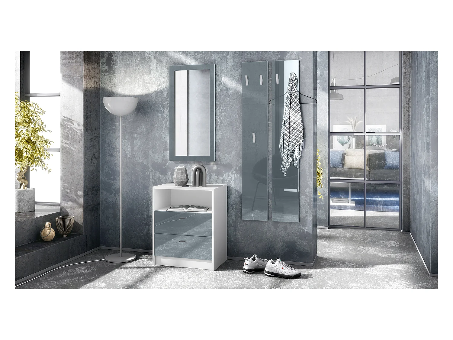 Ensemble de vestiaires Pino V1, 2 Panneaux muraux 140 cm et buffet avec 2 tiroirs & 1 compartiment ouvert, blanc mat/gris haute brillance (56 x 67,5 x 36 cm)