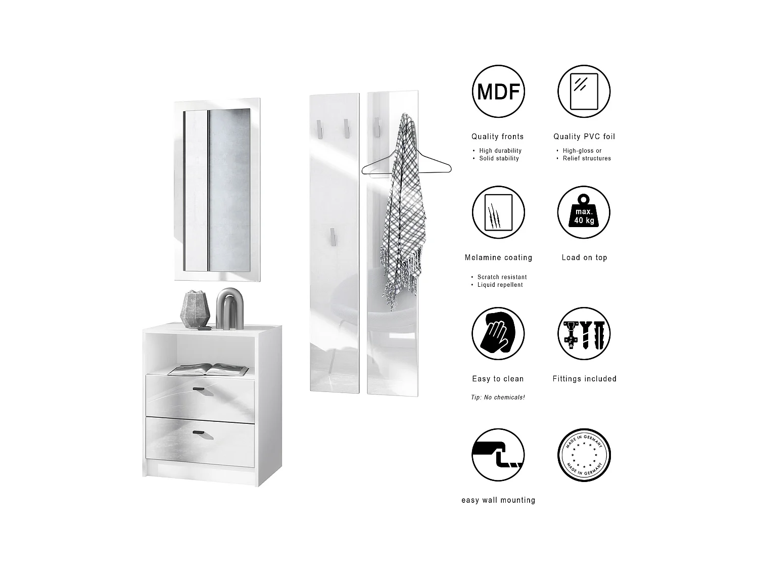 Ensemble de vestiaires Pino V1, 2 Panneaux muraux 140 cm et buffet avec 2 tiroirs & 1 compartiment ouvert, blanc mat/gris haute brillance (56 x 67,5 x 36 cm)