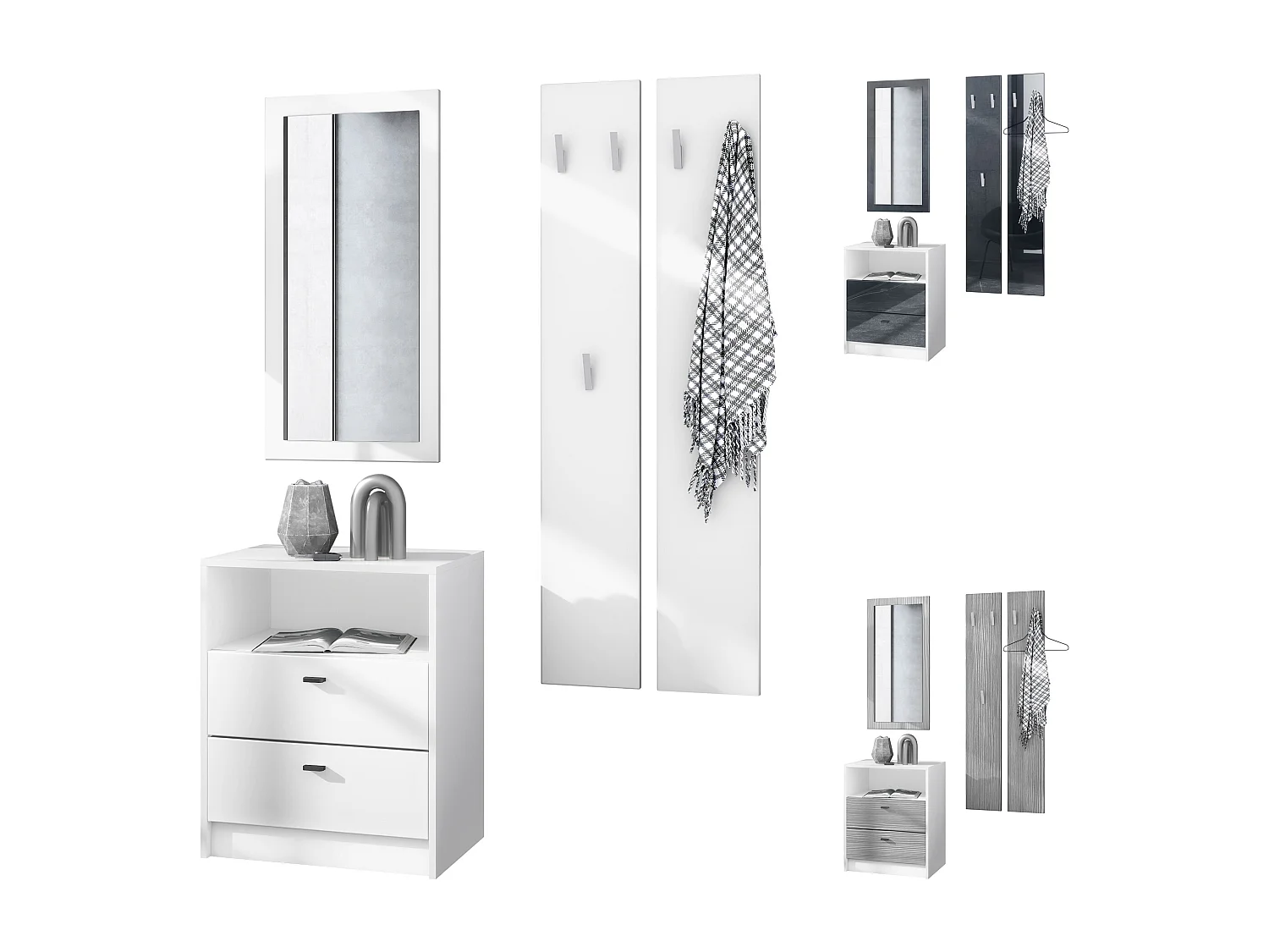 Ensemble de vestiaires Pino V1, 2 Panneaux muraux 140 cm et buffet avec 2 tiroirs & 1 compartiment ouvert, blanc mat/gris haute brillance (56 x 67,5 x 36 cm)