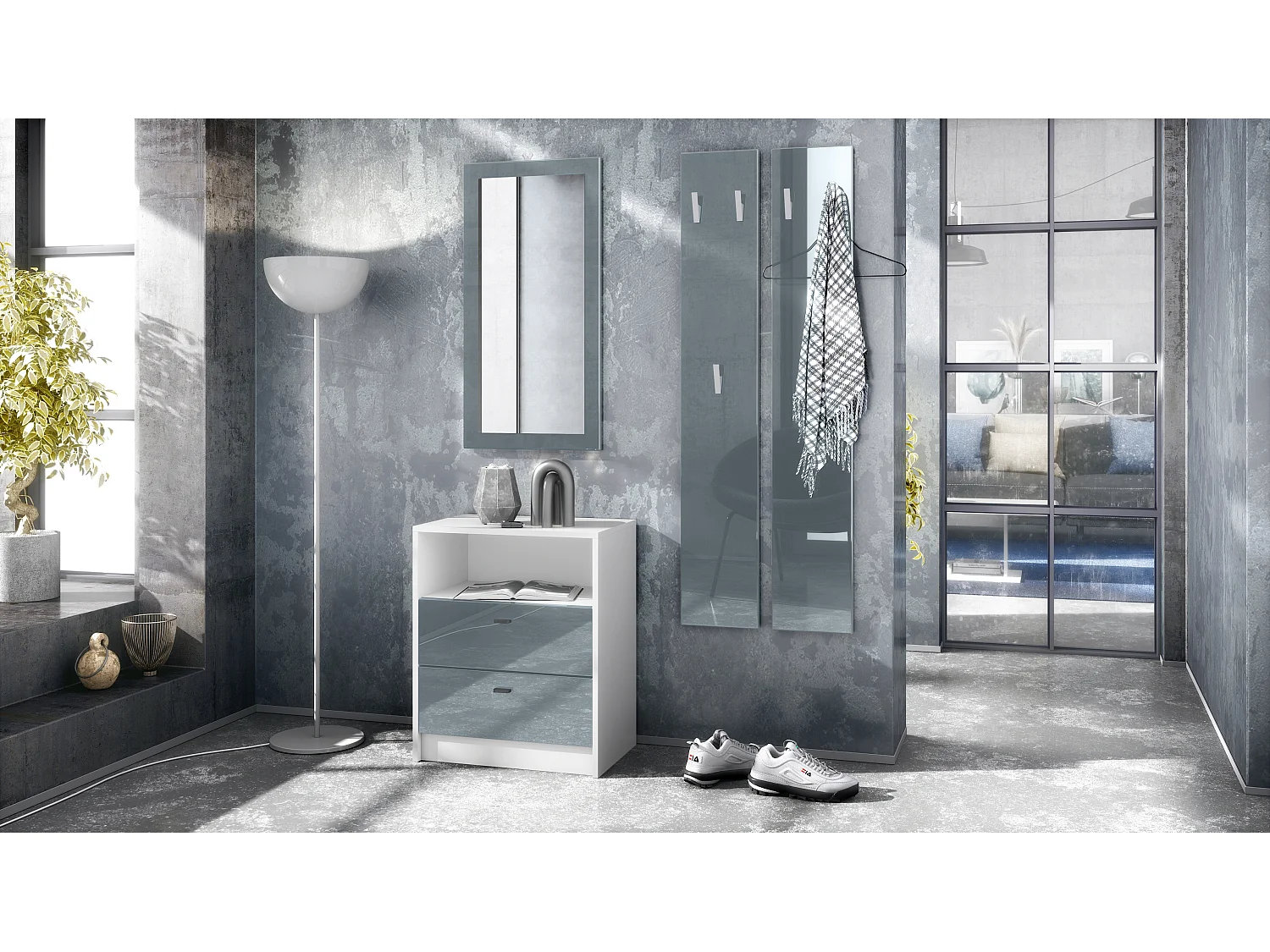 Ensemble de vestiaires Pino V1, 2 Panneaux muraux 140 cm et buffet avec 2 tiroirs & 1 compartiment ouvert, blanc mat/gris haute brillance (56 x 67,5 x 36 cm)