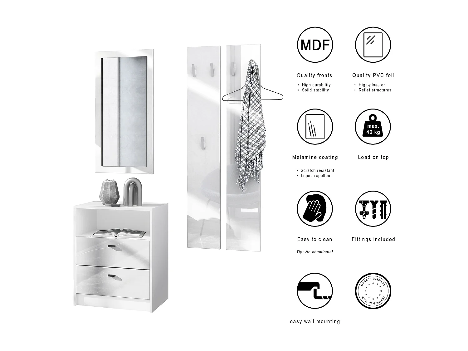 Ensemble de vestiaires Pino V1, 2 Panneaux muraux 140 cm et buffet avec 2 tiroirs & 1 compartiment ouvert, blanc mat/gris haute brillance (56 x 67,5 x 36 cm)