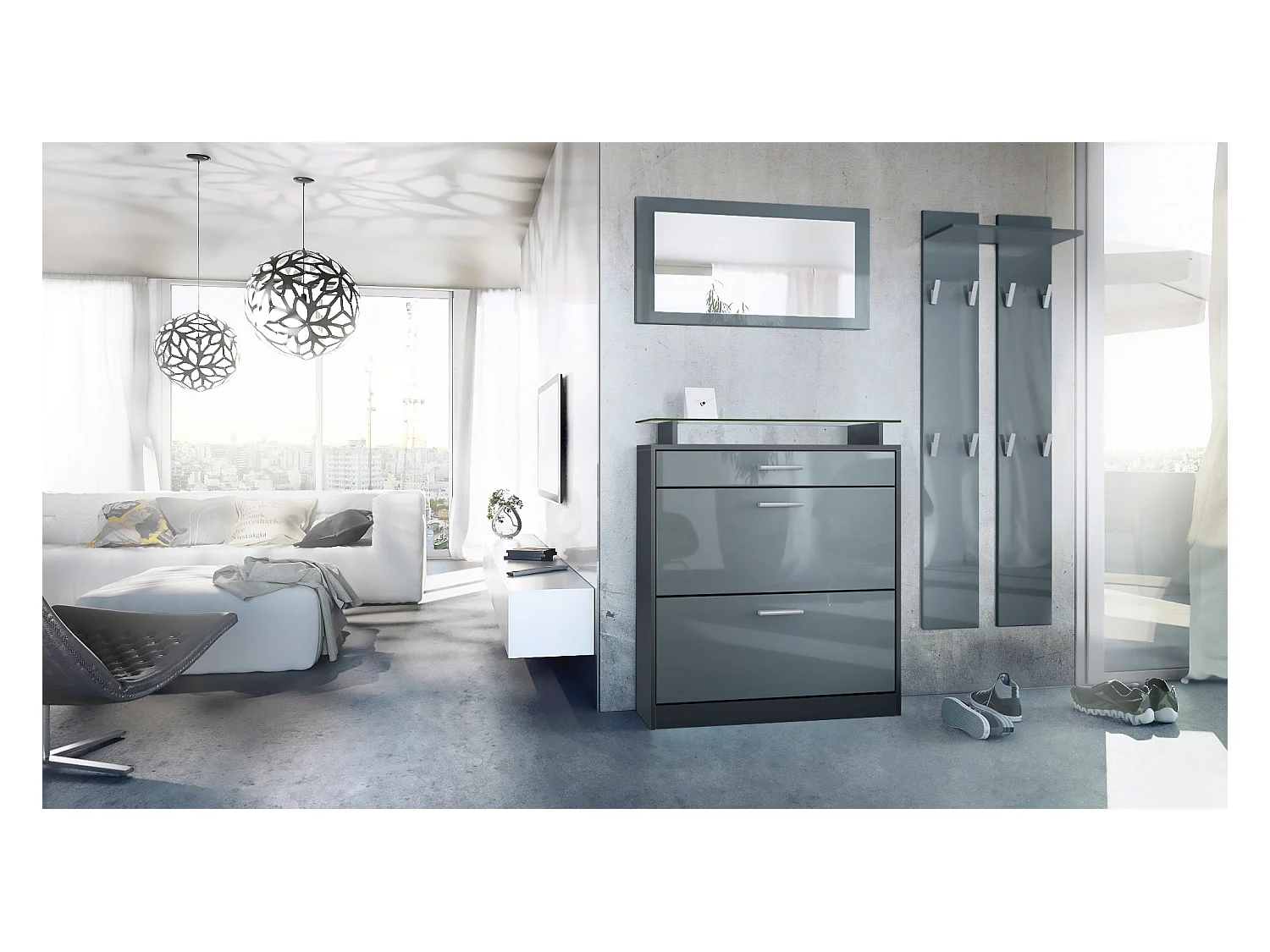 Loret Ensemble penderie, meuble à chaussures 89 x 104 x 23 cm avec miroir, 2 panneaux murales, Anthracite mat & Gris haute brillance