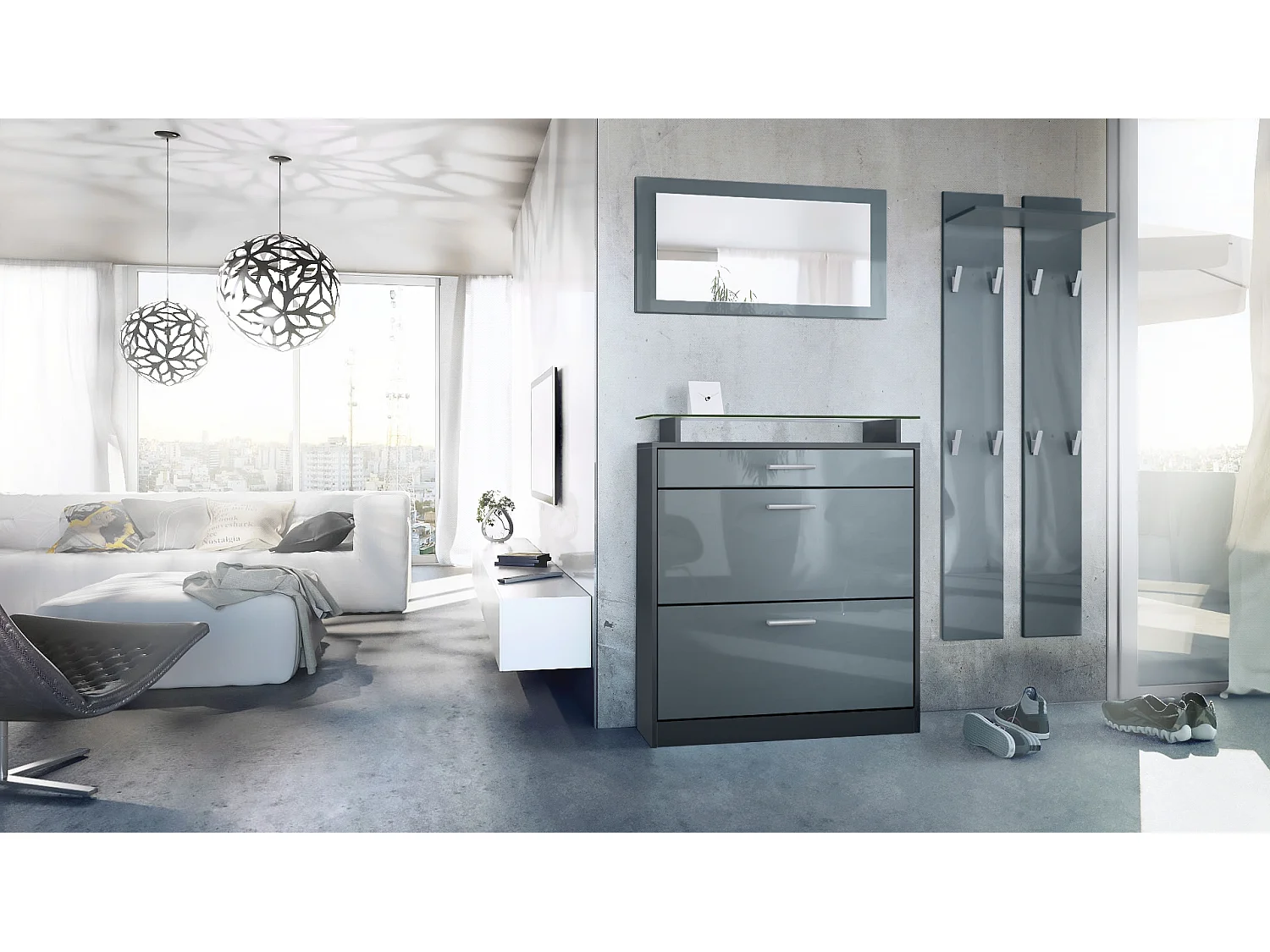 Loret Ensemble penderie, meuble à chaussures 89 x 104 x 23 cm avec miroir, 2 panneaux murales, Anthracite mat & Gris haute brillance